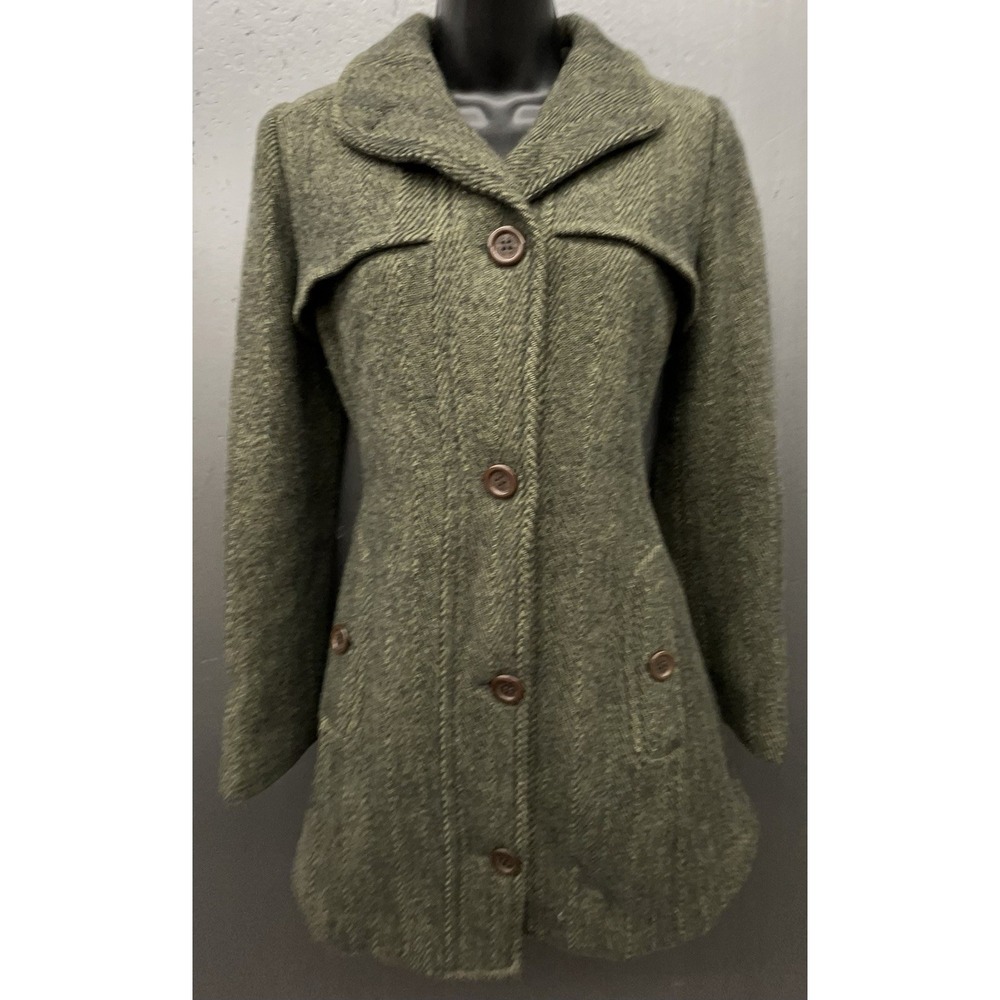 Mango MNG Wool Coat Women S Green Herringbone Old Money Quiet‎ Luxury Classic